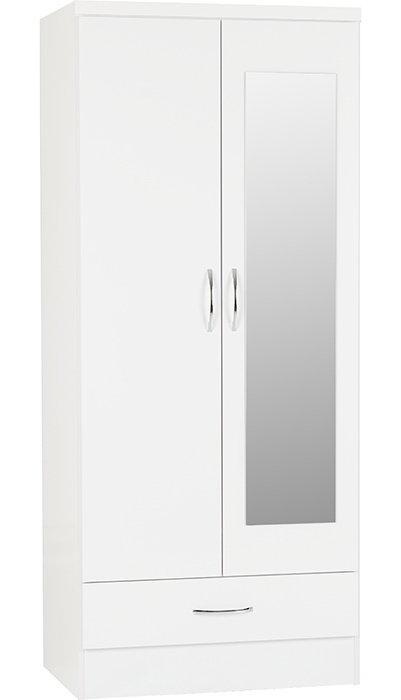 Nevada Mirrored 2 Door 1 Drawer Wardrobe In White Gloss - Click Image to Close